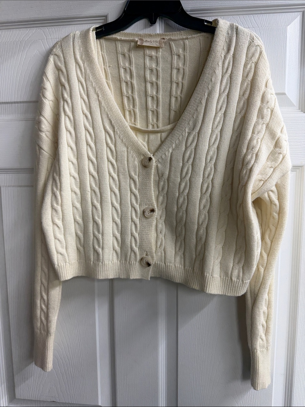 Altar'd State Cream Cable-Knit Cropped V-Neck Cardigan with Cami 2 piece set